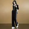 Traje Deportivo Casual para Mujer, Primavera y Otoño, Estilo Europeo, Súper Popular, Corte Ajustado, Cuello Marino, Sudadera con Cremallera, Pantalones de Pierna Ancha, Conjunto de Dos Piezas