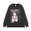 Camiseta de talla grande, corte holgado, hombros caídos, cuello redondo, manga corta, camiseta de manga larga negra con lavado desgastado y estampado de anime japonés, en stock