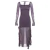 Vestido Elegante Estilo Spice Girl Gola Roxa Sem Corte Costura Franzida Dividido na Cintura Midi Feminino