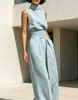 Conjunto de pantalón ancho sin mangas de cuello alto de algodón y lino para mujer, nuevo, transfronterizo europeo y americano, elegante y casual, ropa de trabajo