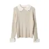 [Oufan] Hermoso Suéter de Punto Azul Marino con Cuello Polo de Manga Larga Ropa de Trabajo Sencilla para Mujer Top 11026
