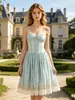 Comercio exterior moda francesa para mujer dulce romántico estampado pastoral con tiras corte ajustado vestido largo para vacaciones en la playa