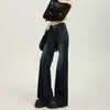 Jeans Azul Oscuro Estilo Americano Micro-Campana para Mujer, Nueva Llegada Otoño, Tiro Bajo, Adelgazantes, Elásticos, Corte Skinny, No Ajustados a las Piernas, Pantalones de Campana