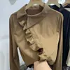Camisa de botões oblíquos com babados feminina manga longa Primavera e Outono Nova estilo coreano solta peça externa camisa feminina nicho chique top