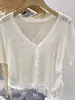 Nuevo Cárdigan de Manga Corta para Verano Ropa Exterior Tejido Fino Hueco Blusa Diseño Femenino Top Corto con Cuello en V y Cordón
