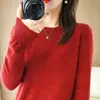Suéter de punto versátil de manga larga para otoño e invierno, camiseta base fina de cuello redondo corto para mujer, color liso