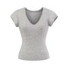 Camiseta Lisa de Color Sólido con Cuello en V y Manga Corta Estilo Puro Deseo 2025 Verano Nuevo Sencilla Versátil Ajustada Top Básico para Mujer