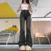 Jeans Acampanados Grises Ahumados Estilo Retro Americano Delgados para Mujer de Primavera y Otoño, Pantalones de Campana Elásticos de Cintura Alta de Nuevo Diseño hasta el Suelo