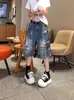 Verão 2026 Nova Moda Versátil Shorts Jeans Grafite Tamanho Grande Feminino Cintura Alta Emagrecedor Rasgado Perna Larga Comprimento Médio Calças