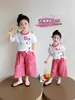 Conjunto de Niña 2026 Moda de Verano Gato de Dibujos Animados de Moda Pantalones Cuadros Casuales Conjunto de Dos Piezas para Niños