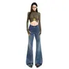 Jeans de campana para mujer, color Naranja Juvenil # Lavado con grietas, diseño de doble botón, corte ajustado, favorecedores, elegantes, versátiles, modernos
