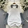 Suéter falso de duas peças de alta qualidade estilo europeu e americano retrô feminino outono e inverno solto costura de jeans design de rua nicho top