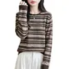 Suéter de Punto Rayado Retro Cuello Redondo para Mujer Manga Larga Holgado Elegante Versátil Capa Interior Capa Base Suéter Top Adelgazante