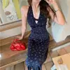 Vestido floral de gola V suave com gola halter, estilo férias de verão, renda, elegante, acinturado, emagrecedor e que realça a silhueta, longo