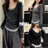 Yoyo recomienda otoño entallado adelgazante color contrastante falso dos piezas manga larga camiseta mujer casual chica popular hombro normal top deportivo_