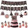 Decorações de Festa de Aniversário Pretas e Rosas Transfronteiriças Banner de Letras para 60º Aniversário Banner de Aniversário Conjunto de Decorações Suspensas Espirais Adereços de Foto de Fundo