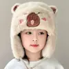 Chapéu de Inverno de Pelúcia com Proteção para Orelhas Infantil Design de Urso Fofo Quente Chapéu Lei Feng Desenho Animado Quente para Meninos e Meninas
