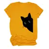 Amazon Ebay Estação Independente Moda Fofa Divertida Feminina Sonda Lateral Gato Gola Redonda Manga Curta Camiseta Base