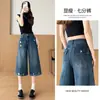 Jeans vintage rasgado cropped para mulheres, verão 2026, finos, largos, slim-fit, casuais, retos, de comprimento médio para pessoas baixinhas