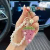 Corrente de pérolas estilo coreano com diamantes, chaveiro de melancia, pingente criativo colorido de fruta triângulo de verão, acessório para bolsa de meninas