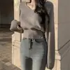 Suéter de punto retro chic coreano para otoño, con cuello en V, botones en la cintura, adelgazante y de manga larga para mujer