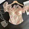 Top Corset Colorido de Verão com Babados e Espinha de Peixe para Afinar a Cintura