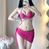 Fato de Banho para Mulheres em Férias na Praia, Biquíni Rosa Quente Azul com Aro, Push-Up para Busto Grande e Pequeno, Fato de Banho Sexy de Três Peças