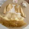 Conjunto de Vestido para Meninas Outono 2026, Cardigã Tricot Doce Infantil, Vestido Bolo Princesa, Vestido para o Primeiro Aniversário de Bebê