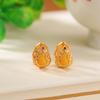 Yilu Plata S925 Plata Pura Chapado en Oro Jade Hetian Jadeíta Ámbar Calabaza Hueca Vintage Envejecido Moda Pendientes de Clip