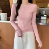 Top base canelado com babados, juvenil e rejuvenescedor, para mulheres, suéter de tricô elegante para outono, gola redonda, caimento justo
