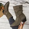 2026 Nova Moda Tamanho Grande Salto Grosso Estilo Western Botas Altas Superfície de Couro Botas Longas Franzidas Femininas