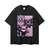 Estampado de anime, camiseta lavada y desgastada, talla grande, estilo vintage, hombros caídos, corte holgado, moderna y genial, unisex, casual de manga corta