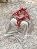 Camisole KT de bolinhas com gola halter, top curto doce e sexy sem costas, peça de sobrepor com alças