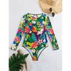 24 Traje de baño de una pieza nuevo europeo y americano para mujer, sexy sin espalda, cuello redondo, moda conservadora, estampado de surf, manga larga