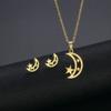 Conjunto de tres piezas de collar y pendientes de estrella y luna de acero inoxidable con borde cruzado, accesorios de personalidad, cadena para clavícula.