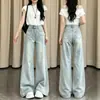 Jeans de pierna ancha, corte relajado, color azul claro estilo americano para mujer, colección de otoño, acabado lavado, holgados y favorecedores, tiro alto, pierna recta, pantalones de largo hasta el suelo