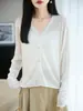 Casaco suéter fino de tricô fino, cor sólida, versátil, casual solto, manga dobrada, gola V, feminino, lã, solúvel em água