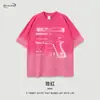 Camisetas de Algodón Puro Lavado con Estampado Directo Estilo Streetwear Americano, Cuello Redondo, Manga Corta, Estilo High Street Europeo y Americano, Holgadas, Degradado, Marca de Tendencia para Hombres y Mujeres