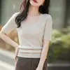 Camiseta de punto de manga corta con cuello en U para mujer, estilo coreano ajustada, capa base fina, manga de tres cuartos, top versátil adelgazante de manga corta