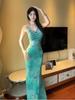 Vestido de Verano 2025 Estilo Hermana Real Figura Atractiva Retro Único Súper Bonito Cuello Oscilante Ajustado a la Cadera Falda Larga