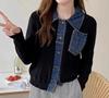 Cárdigan de Punto Patchwork de Mezclilla Holgado Estilo Coreano para Mujer, Chaqueta Suéter Corta Vintage para Otoño e Invierno con Sentido del Diseño