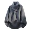 Otoño e Invierno Nuevo Suéter de Punto con Cuello Chal para Hombre Unisex Estilo Bufanda con Hebilla Diagonal Camisa Base Suelta