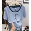 Top de Bloques de Color Adelgazante con Cuello Cuadrado, Nuevo Modelo Verano 2026, Diseño Único y Elegante, Camiseta de Manga Corta de Hombro Normal de Nicho para Mujer