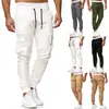 2026 Nuevos Pantalones Jogger Casuales para Hombre de Talla Europea, Patchwork de Cuero, Cintura con Cordón, Color Sólido, Corte Delgado para Hombre, Nuevo Color Blanco Roto