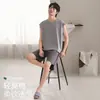 Pijama de algodón para hombre, conjunto de verano sin mangas y shorts, adecuado para usar al aire libre, corte holgado, talla grande, ropa de estar para ponérsela