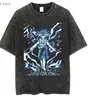 Tamanho Europeu Transfronteiriço Camiseta Masculina de Manga Curta Lavada Vintage Desenho Animado Anime Estilo Dark High Street Europeu e Americano Camiseta Curta Masculina