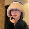 Sombrero de pescador de felpa de punto de color japonés para mujer, sombrero de otoño e invierno 2024, cálido, combinable con todo, a prueba de frío, con protección para las orejas, sombrero tipo cubo