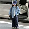 Camisa de Mezclilla para Niñas de Primavera y Otoño con Cuello de Solapa, Chaqueta Bordada de Manga Larga, Top Azul Casual para Niños Mayores en Primavera y Otoño
