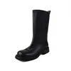 Botas de chimenea de cuero de plena flor totalmente lavables, colección otoño/invierno 2026, tacón medio grueso, punta redonda, cuero genuino, botas de media pantorrilla para mujer