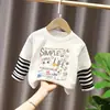 Camiseta de Manga Larga con Estampado de Dibujos Animados, Patchwork a Rayas Dulce de Algodón Puro, Moda Delgada para Niñas, Top de Moda para Niñas